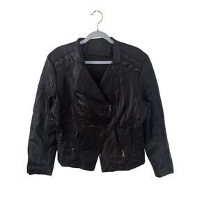 Black Faux Leather Moto Jacket Mediu Vegan Biker Coat Streetwear Bikercore Retro